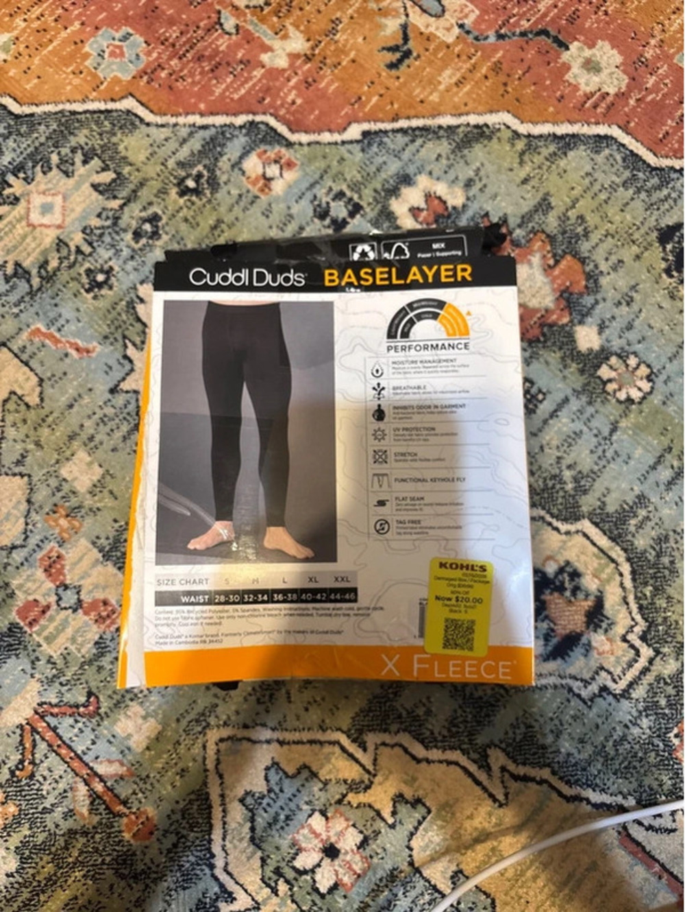 Cuddl Duds Men’s X Fleece Performance Base Layer Pants Black S NWT
